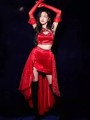 

Nightclub Female Singer DJ Jazz Collar Dance Girls Troupe Stage Set Sexy Red Rivet Top+Tailed Gauze Skirt+Gloves Outfits