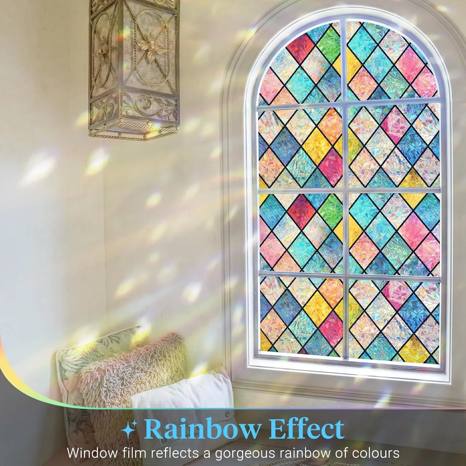 Stained Glass Window Film, Rainbow Window Privacy Film, Decorative Static Cling Colorful Lattice Coverings Decals for Home Door