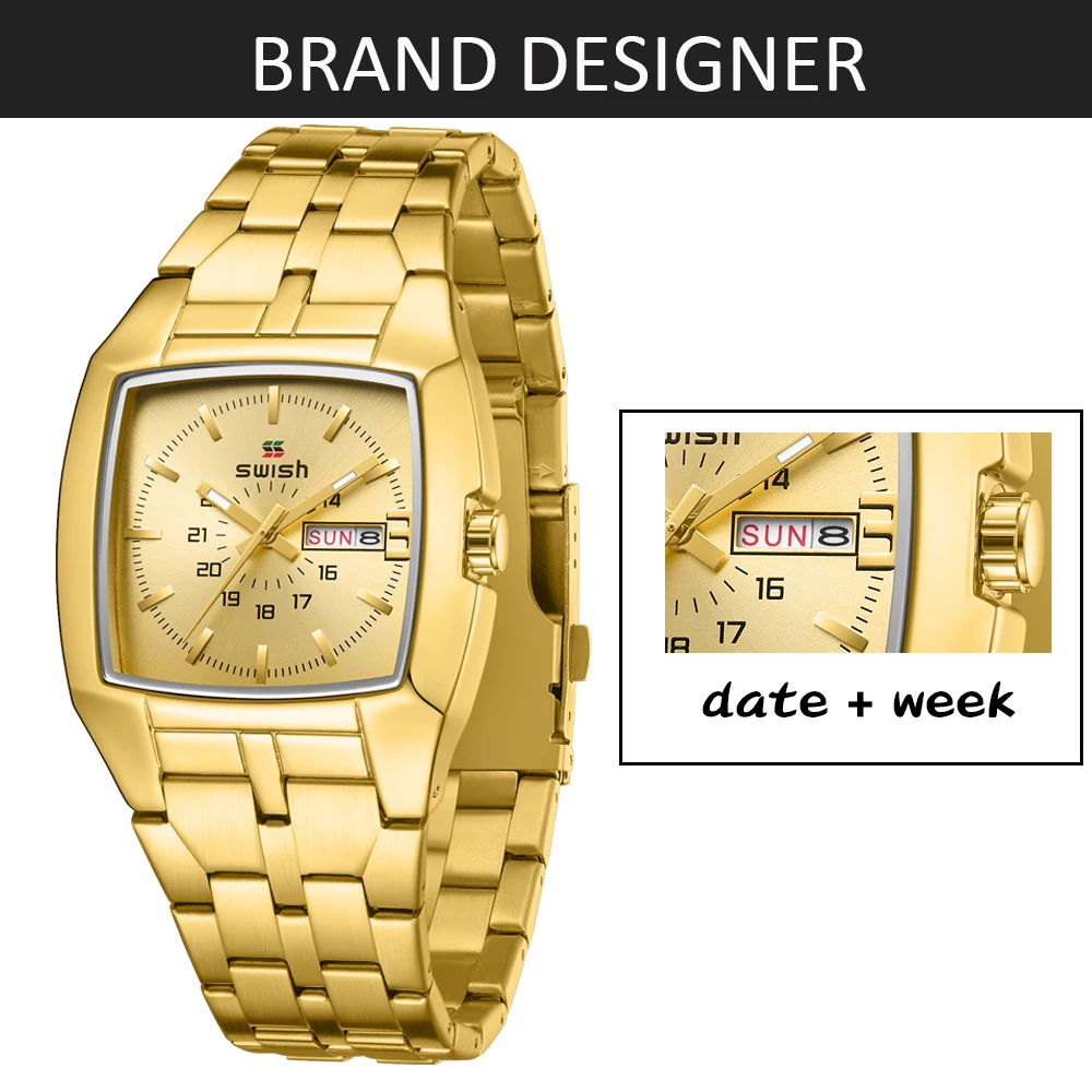 SWISH Square Luxury Watch for Men Quartz Movement Gold Dial Weekday Date Relogio Masculino Business Wristwatch Waterproof Luxury