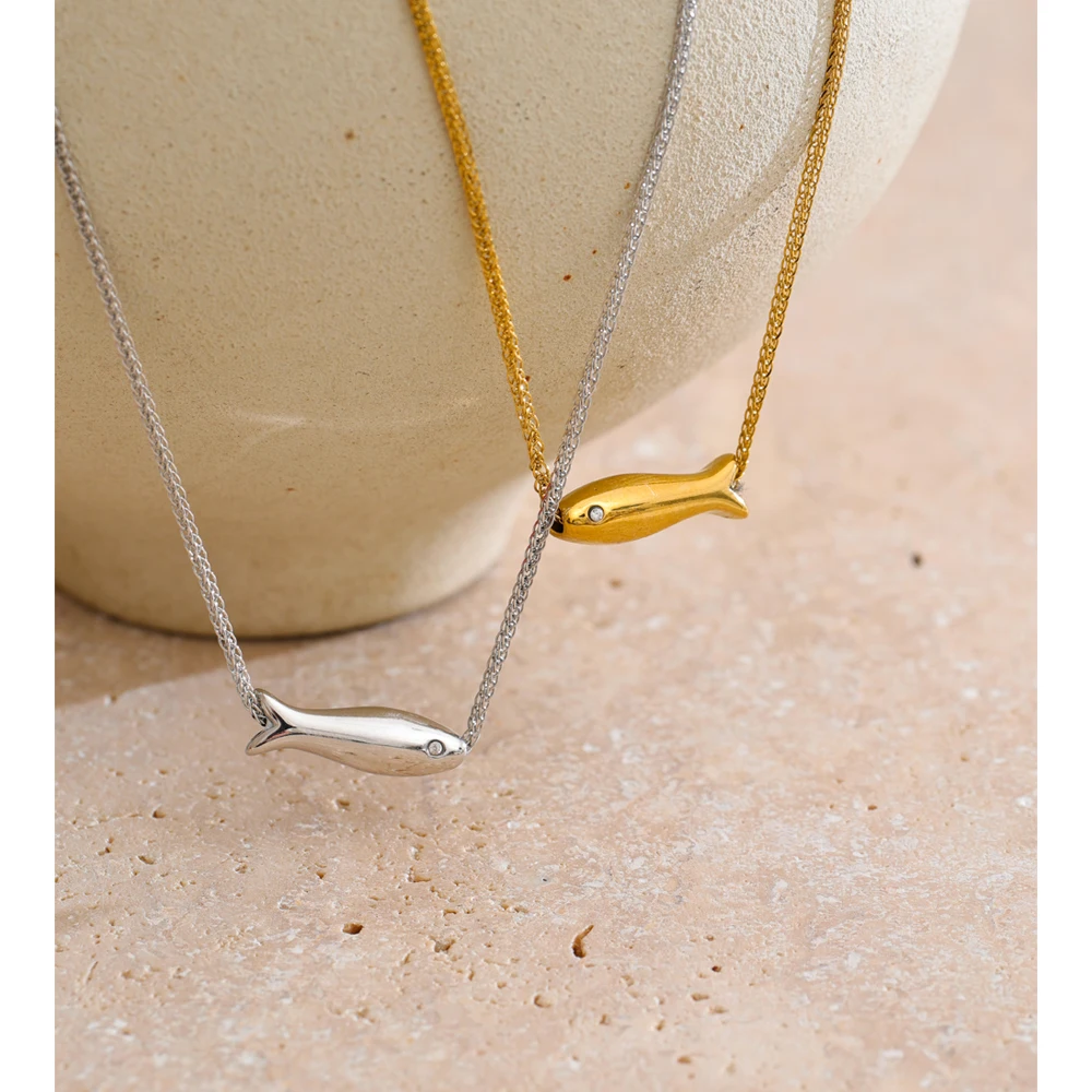 Yhpup Stainless Steel Zircon Fish Necklace Gold & Platinum PVD Plated