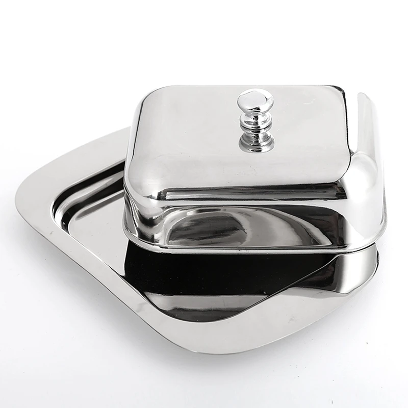 Stainless Steel Butter Dish Box Container Shiny Cheese Server Storage Keeper Tray with Easy to Hold Lid butter