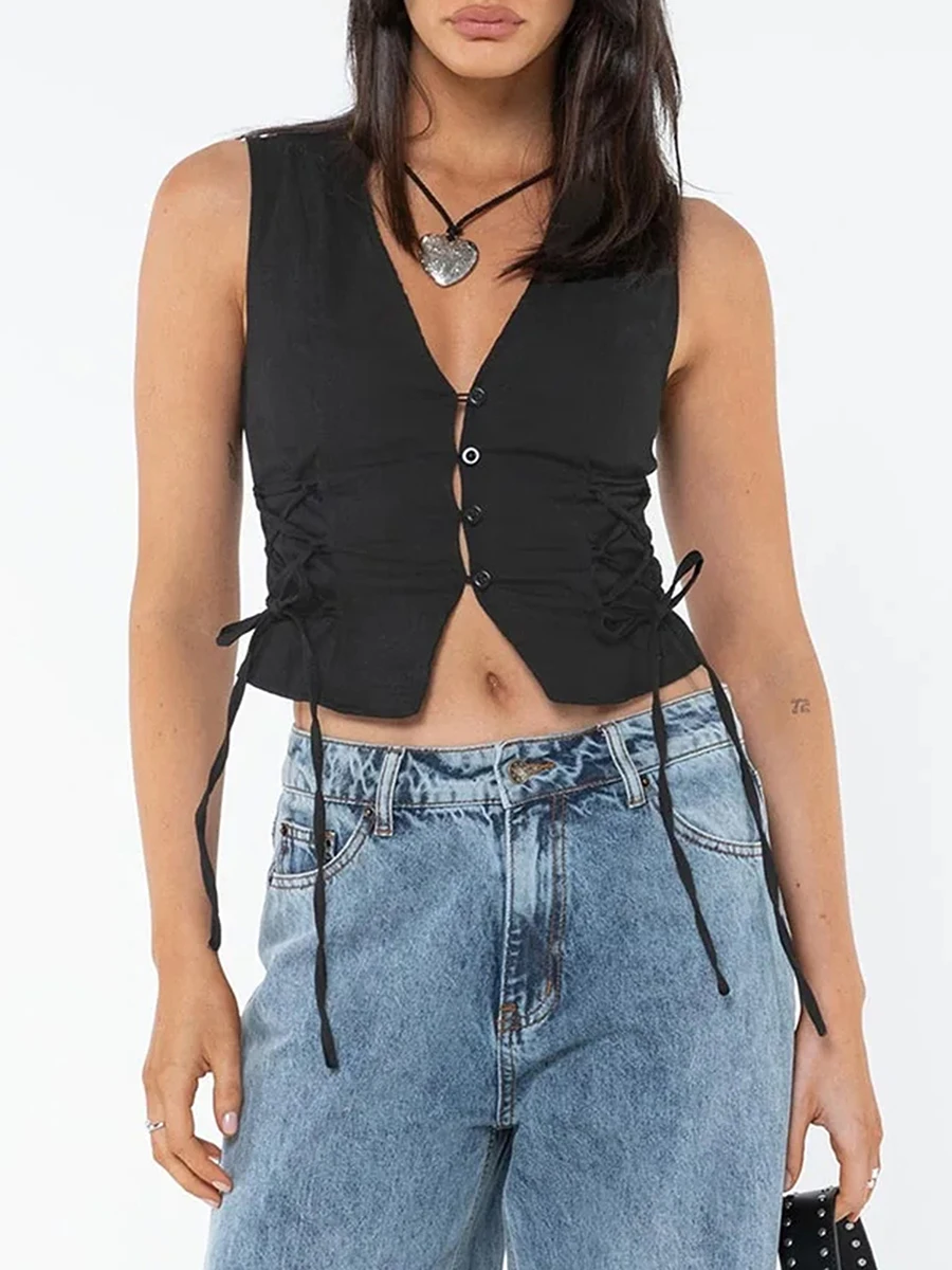 Women s Summer Tank Tops Solid Color Front Button Vest Side Cross Tie-Up Waistcoat Streetwear 4