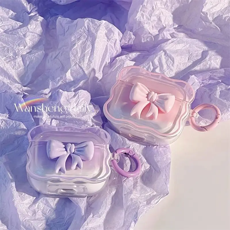 Pink Floral Bow Wave 3D Case with Keychain for Wireless Earbud Charging Cases