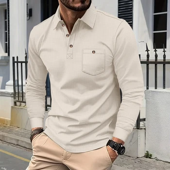 Polo Henley da uomo in maglia waffle - Maglietta casual a maniche lunghe con colletto a risvolto e tasca sul petto con bottoni