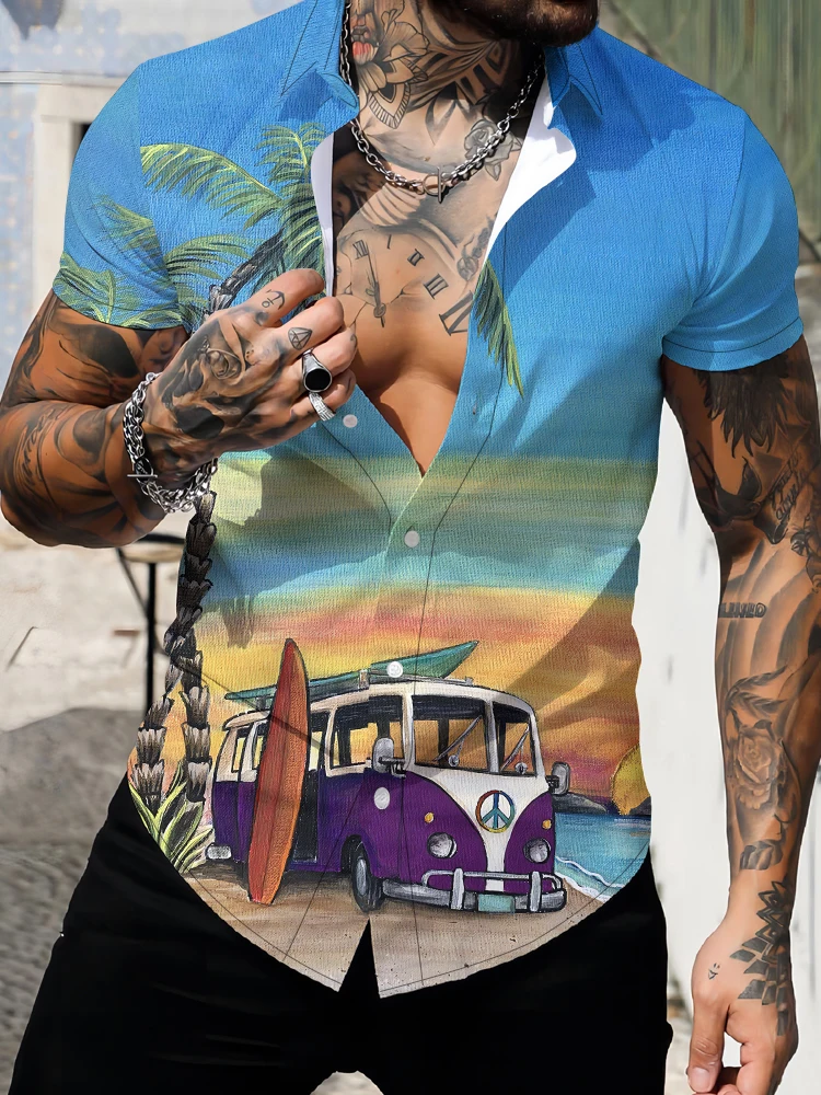 

Мужская пляжная рубашка с 3D-принтом кокосового дерева, летняя свободная Удобная рубашка с отложным воротником и короткими рукавами для отдыха и отдыха