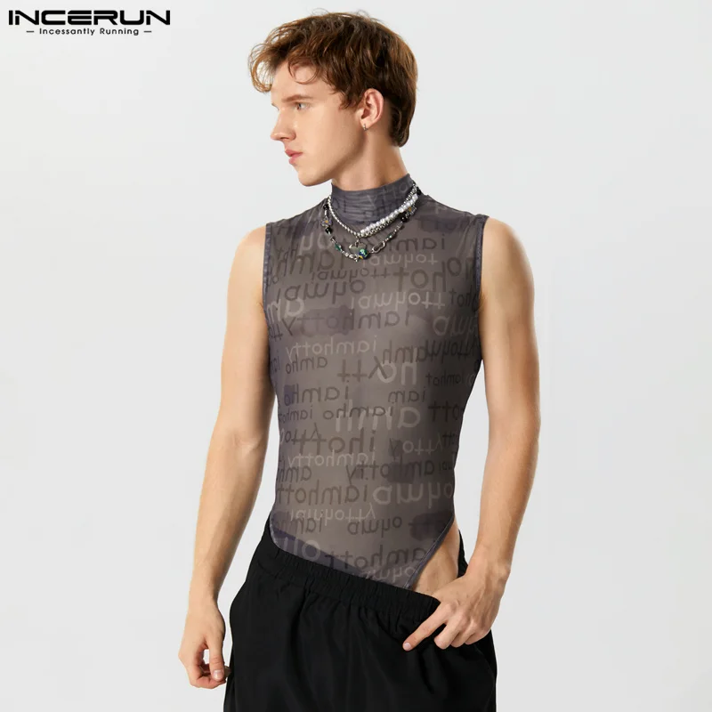 

INCERUN Men Bodysuits Mesh Transparent Printed Turtleneck Sleeveless Male Rompers Streetwear Fitness 2023 Fashion Bodysuit S-5XL