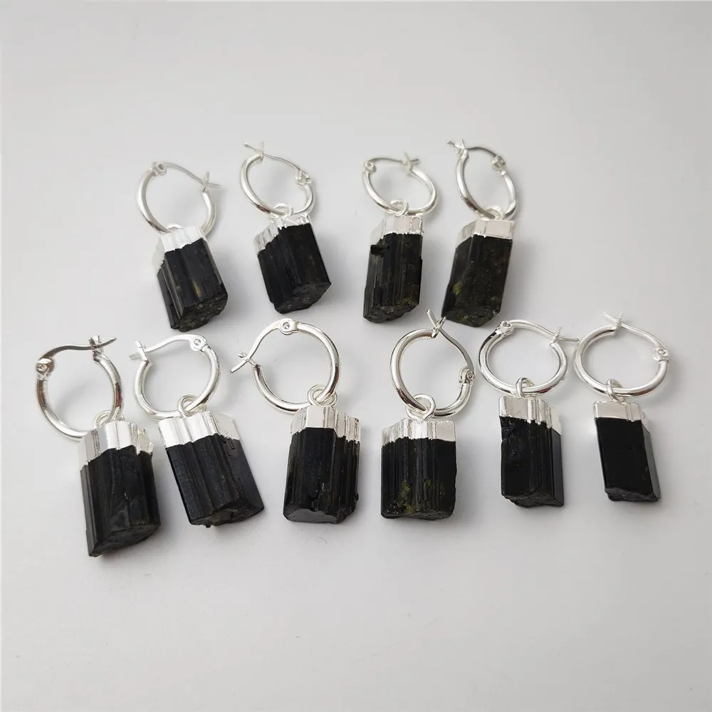 FUWO 1Pairs Natural Green&Black Tourmaline Hoop Earrings,Silver Color Plated Semi-precious stone jewelry ER410Y 6