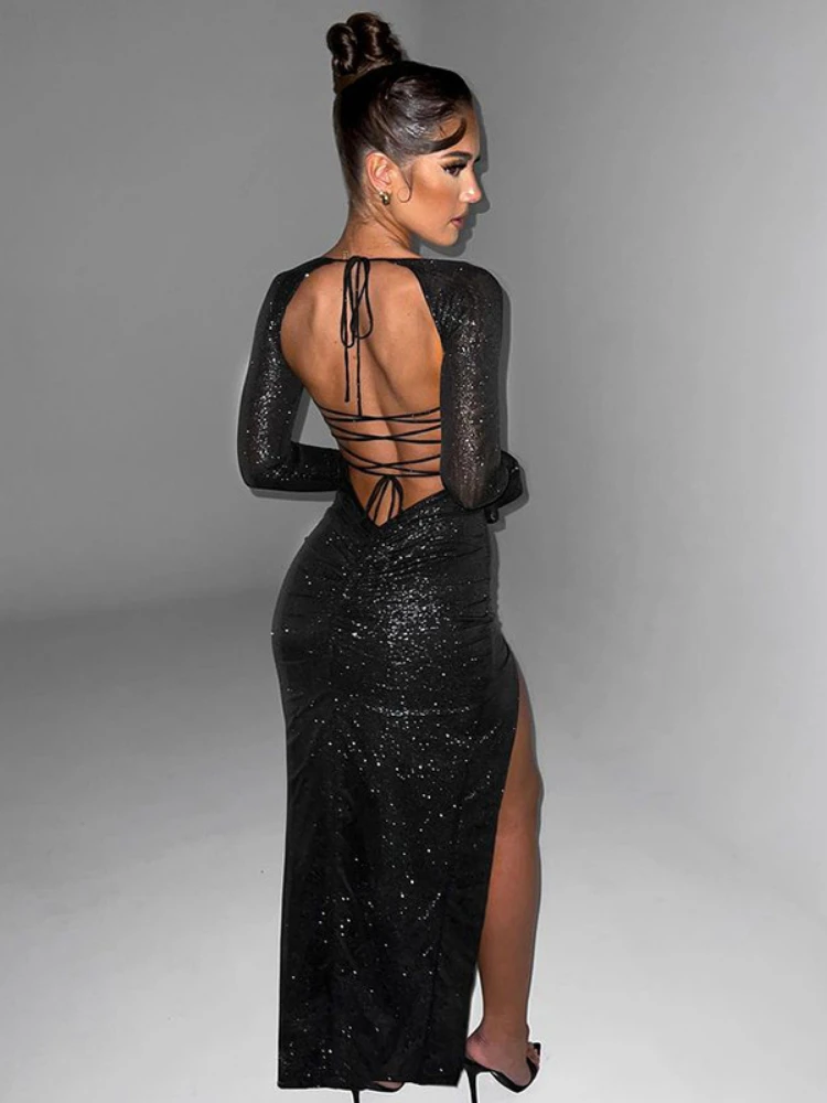 

Laxsesu Backless Bodycon Bandage Dress Square Long Sleeve Split Sequined Dress Elegant Party Evening Maxi Dresses for Women 2023