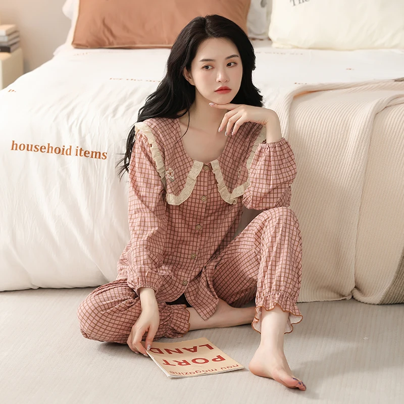 Spring Autumn Casual Sleepwear Ladies Cotton Pajama Sets Homewear Women's Casual Luxury Pajamas Thin Pajamas Female Sleepwear