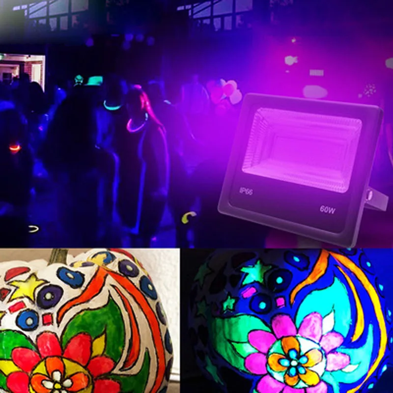 

30 Вт 60 Вт светодиодный Фиолетовый прожектор, водонепроницаемый IP66 черный свет, KTV бар дом с привидениями УФ Флуоресцентный светильник