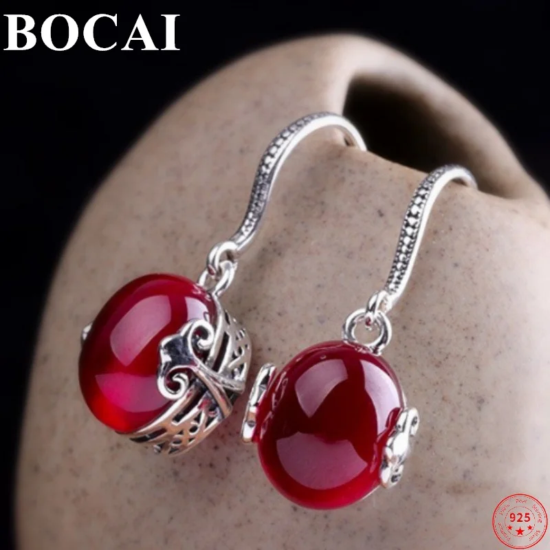 

BOCAI S925 Sterling Silver Ear Drop Jewelry Classic Red Corundum Green Chalcedony 2020 New Fashion Earring Jewelry for Women