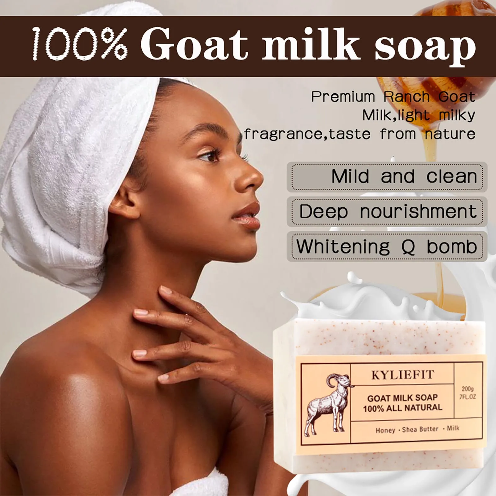 KYLIEFIT Goat Milk Brightening Soap Bar, Remove Spots, Natural, Lightening, Cleaning, Moisturize, With Honey, Shea Butter, 200g