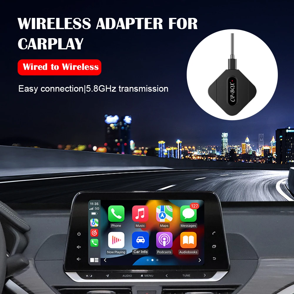 

Беспроводной адаптер для CarPlay 5 ГГц Wi-Fi проводной к беспроводному преобразователю мультимедийный плеер подключи и работай донгл для iOS 13,5 и более новых версий