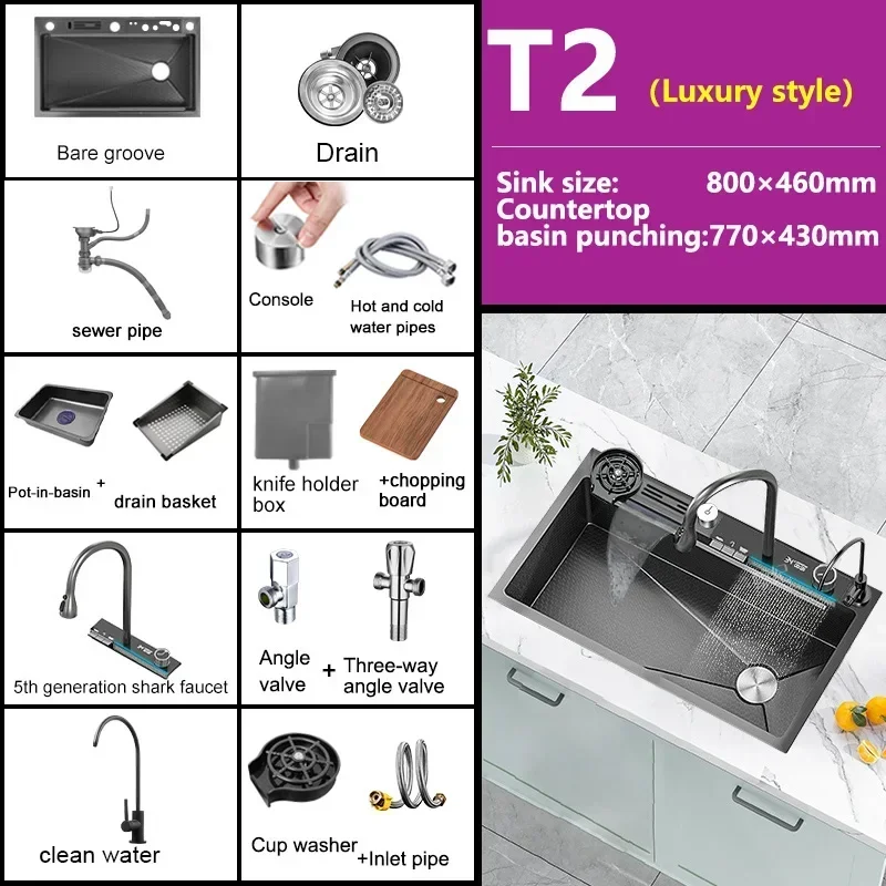 Double Waterfall Kitchen Sink Modern LED Display Kitchen Sink with Flexible Tap Smart Stainless Steel Sink with Accessories 6