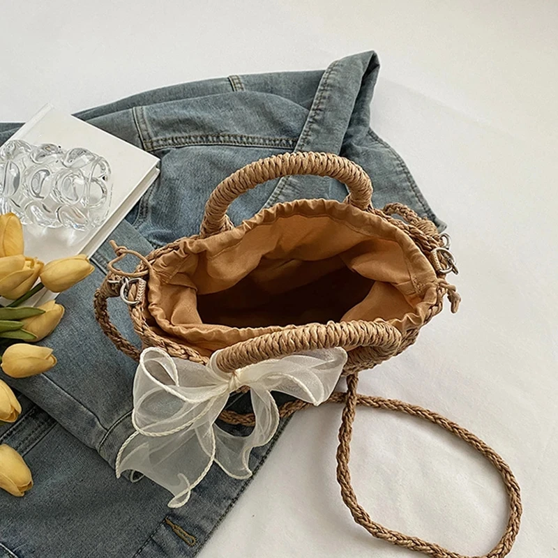 Straw Bag Women Hand-Woven Handbag Moon Shape Lace Bow Rattan Bag Big Capacity Drawstring Casual Beach Shoulder Crossbody Bag