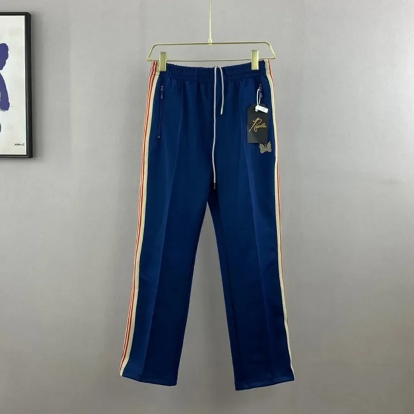 

2023ss Stripe Needles Pants Men Women 1:1 High-Quality Purple Needles Sweatpants Butterfly Embroidery AWGE Track Trousers