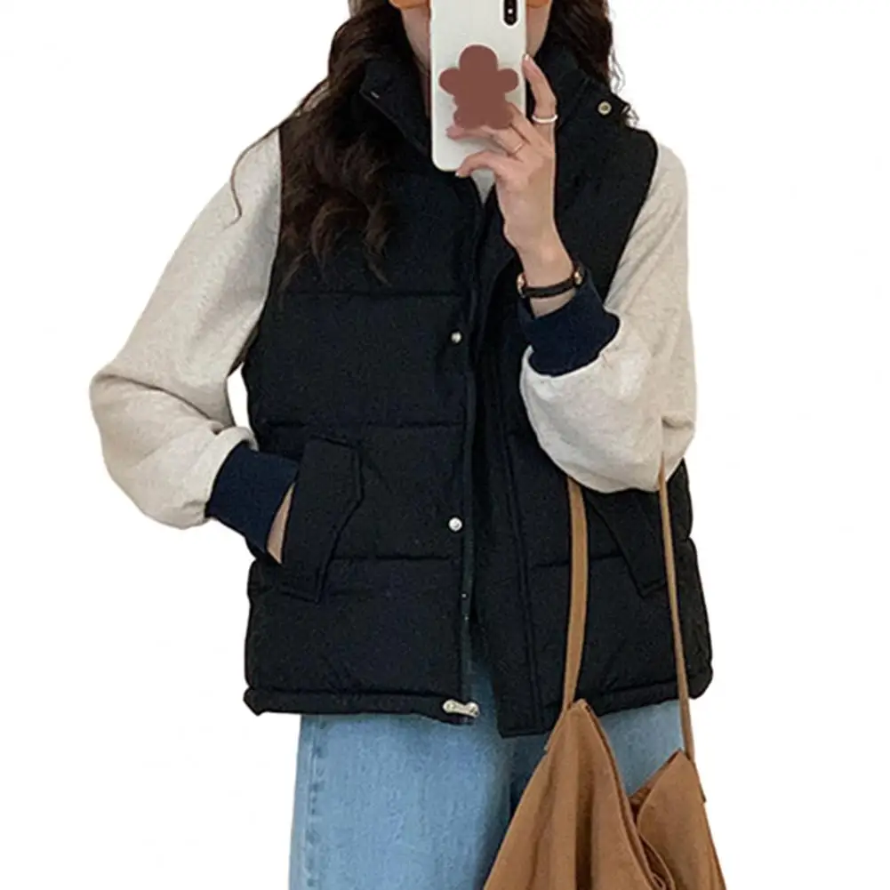 

Women Vest Jacket Autumn Winter Stand Collar Thickened Waistcoat Solid Color Pockets Buttons Zipper Closure Vest Coat jackets