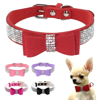 Bling Rhinestone Dog Collar Cute Bowknot Puppy Cat Collars Soft Padded Pet Necklace With Bowtie Warm For Small Dogs Chihuahua
