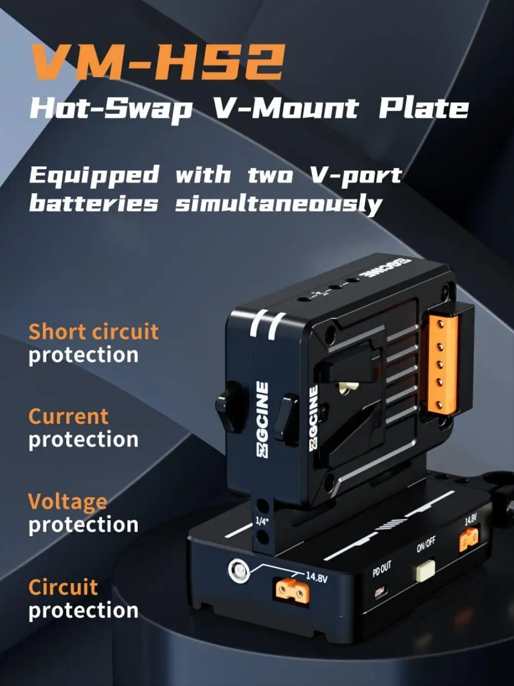 ZGCINE VM-HS2 Hot Swap V Mount Battery Plate with Shark Fin Design Dual Micro V Mount USB-C PD 100W Output for Cameras camera accessories