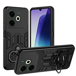 Rugged Shockproof Armor Case with Ring Stand and Holder for Tecno Pova 6 (Black)