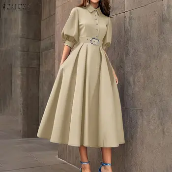 ZANZEA Abiti midi eleganti con cintura in vita da donna, con colletto rovesciato, maniche a mezza lanterna, abito a trapezio, abito estivo da pendolare, Robe Femme
