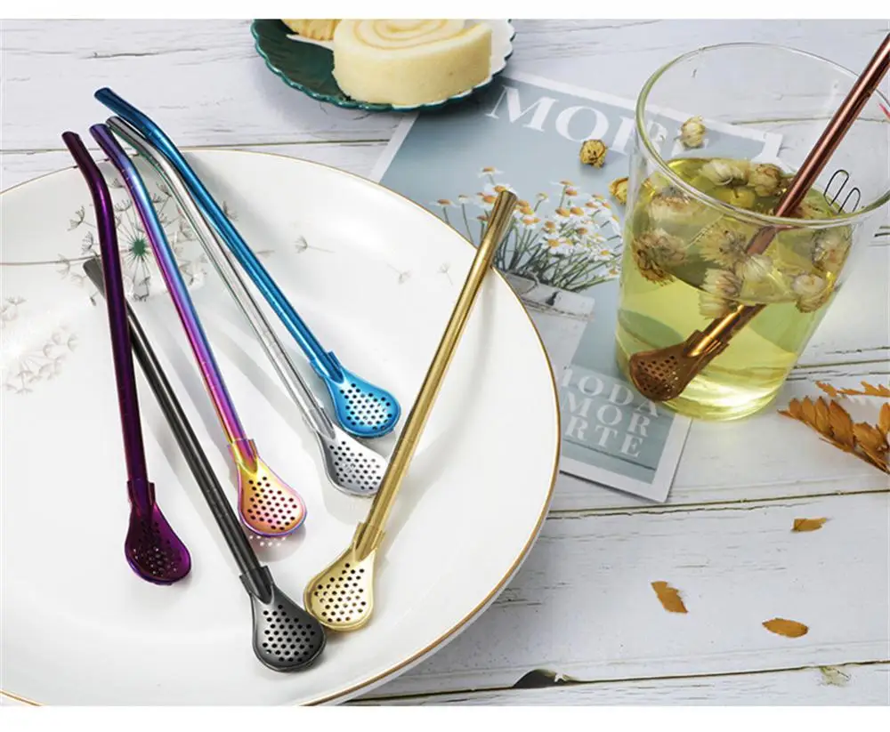 Description Picture 4 of itemColorful 304 Stainless Steel Tea Drinking Straws Spoon Yerba Mate Tea Filter Reusable Bombilla Gourd Tea Tools Bar Accessories