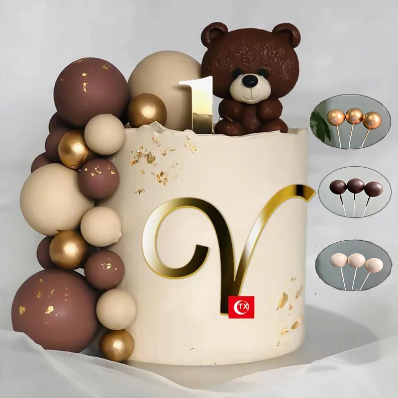 

5pcs Happy Birthday Cake Toppers Coffee Skin Beige Sand Retro Brown Balls Cake Topper Stand for Baby Shower Birthday Cake Decor