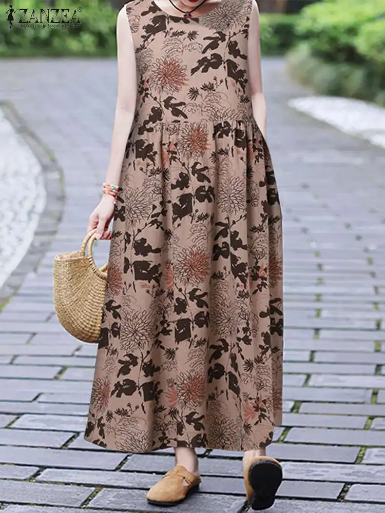 

ZANZEA Elegant Floral Printed Dress Summer Stylish Sleeveless Sundress O-Neck Tank Vestidos Bohemian Casual Holiday Beach Robe