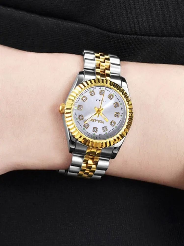1pcs Women's Fashion Round Room Gold Steel Band Quartz Wristwatch 2