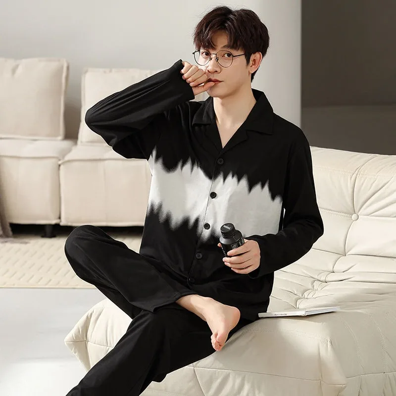 Fashion Loose Loungewear Fitting Men's Spring Autumn Thin Long Sleeved Cotton Pajamas Two-piece Set Youth Student Home Clothing autumn winter long sleeves pure cotton yarn pajamas set women spring pumpkin pattern home wear loose two piece set lady nightie