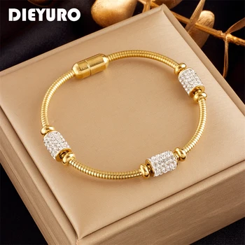 Stainless Steel Gold Color Zirconia Beaded Bracelet For Women Fashion Girls Magnet Clasp Snake Chain