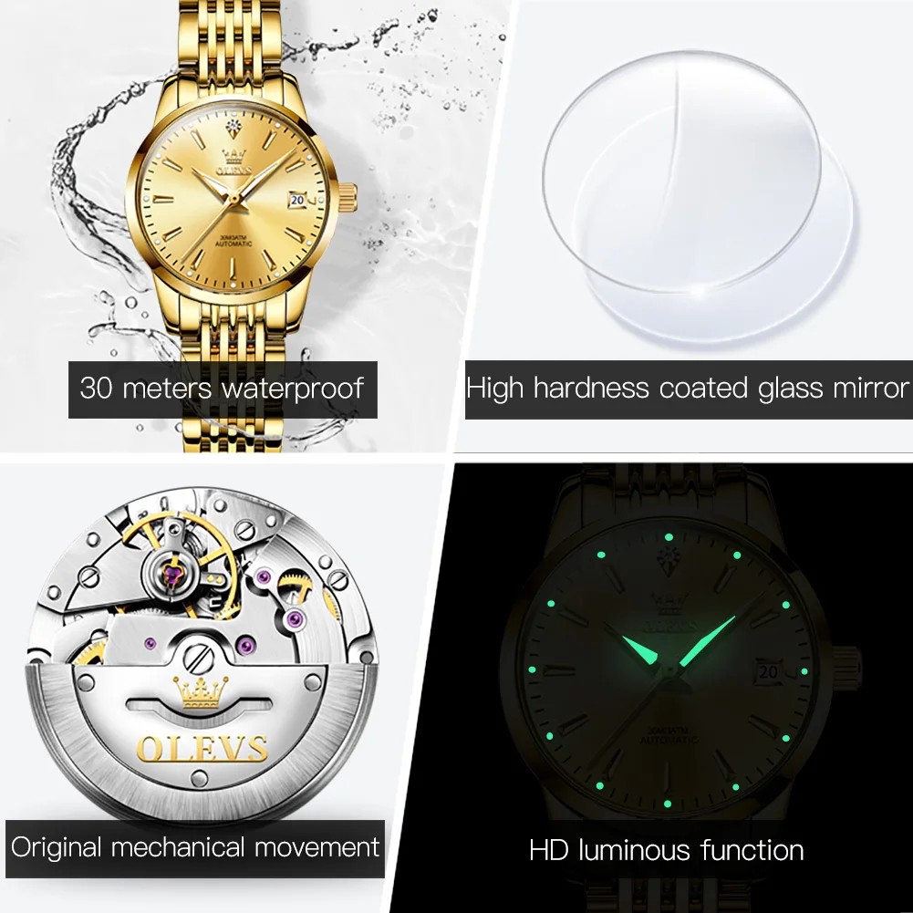 OLEVS Luxury Women's Automatic Waterproof Stainless Steel Watch with Casual Design