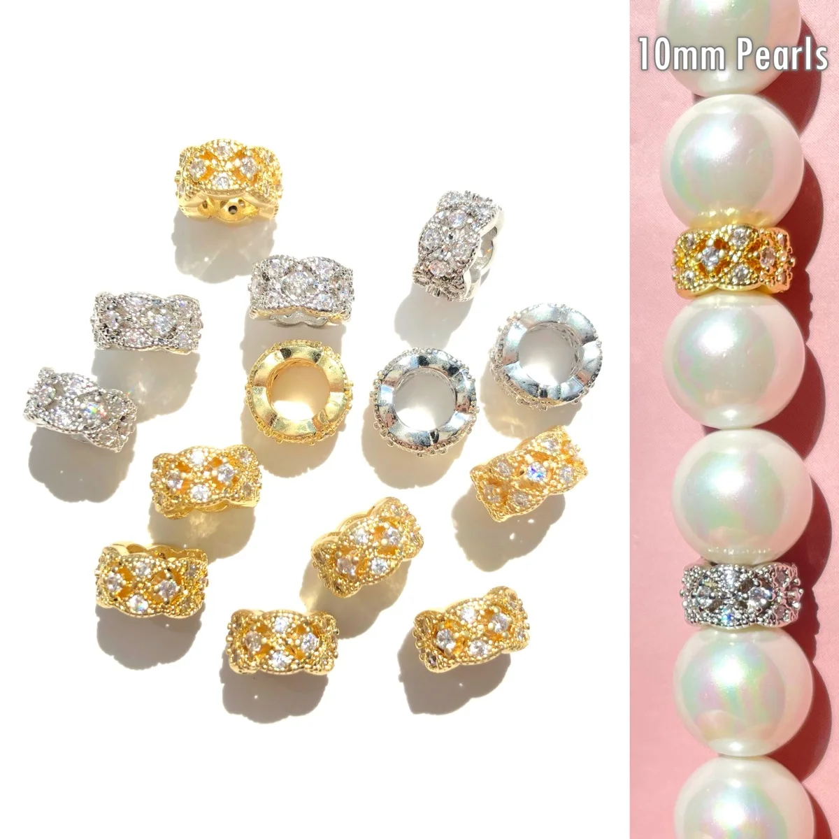 20pcs 8mm Cubic Zirconia Hollow Wheel Rondelle Spacers Beads for Bracelet Necklaces Earring Waist Jewelry Findings Wholesale