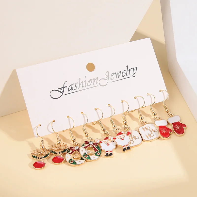 New Fashion 5Pcs Christmas Earrings Set For Women Girls Classic Cartoon Christmas Tree Santa Claus Dangle Earrings Jewelry