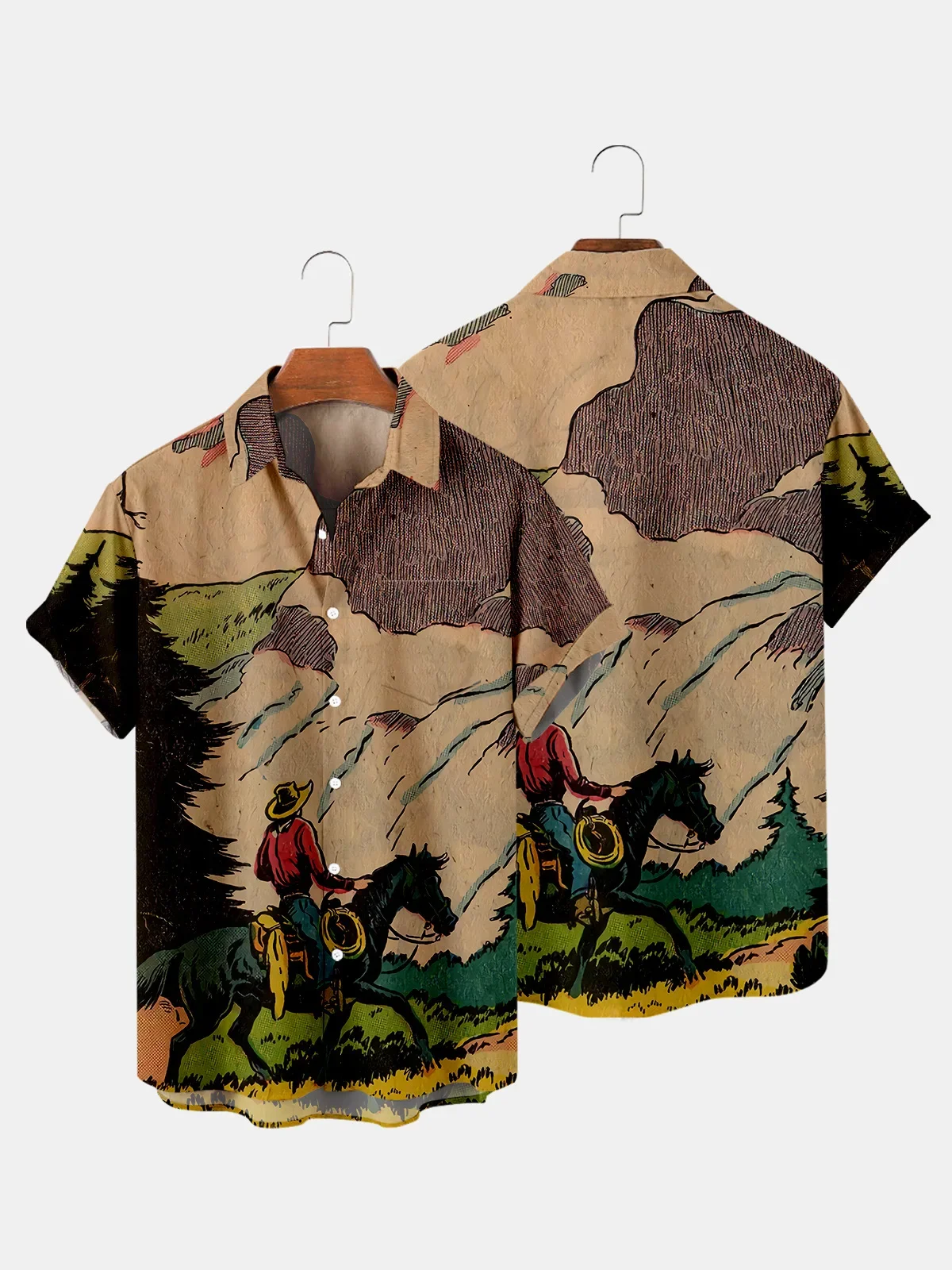 

Hawaiian Cowboy Men's Shirt Cool 3D Digital Print Plus Size Western America Men's Top With Pocket Vintage Style Summer Outerwear