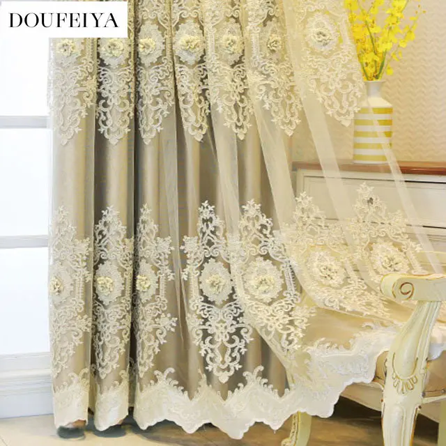 European Embroider Tulle Double Layer Luxury Curtains for Living Room Bedroom Embossed Design Blackout Villa Window Sheer Custom 5
