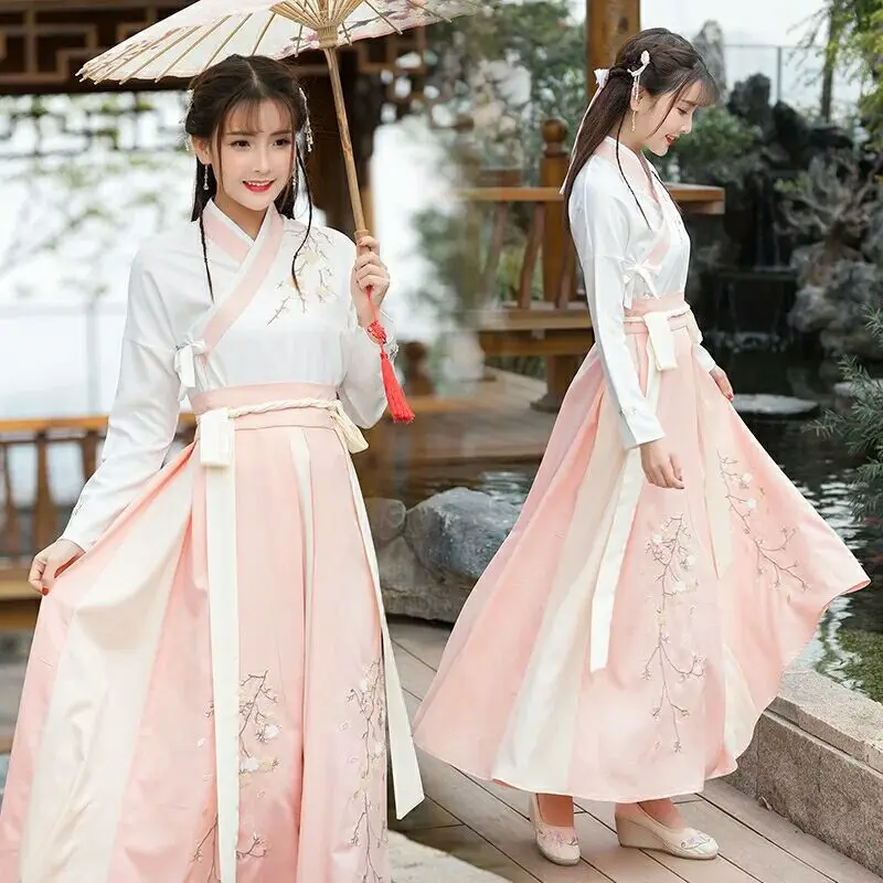 2023 Hanfu female costume adult student Ming made Chinese style improved waist-length sarong daily collar sets powder hanbok