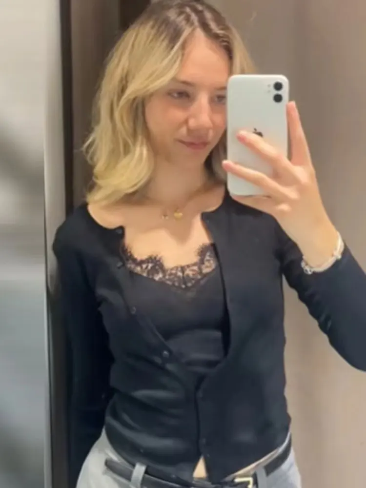 HH Women Elegant Solid Lace V Neck Cardigan Coat Long Sleeve Cropped Knit Sweater Tops Spring Fashion Y2K High Street Chic Coats