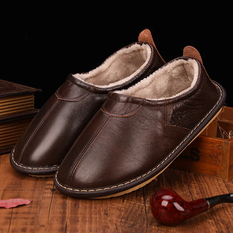 Genuine Leather Couple's Winter Home Slippers Warm Soft Anti-Skip House Casual Shoes Men and Women Indoor Slippers