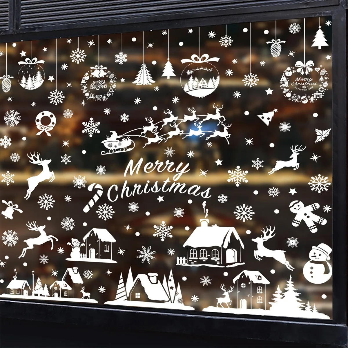 Christmas Decors Hanging Ball Candy Stick Snowflake Glass Sticker Xmas Tree Snowman Static Sticker Noel Natal Merry Christmas christmas stickers wall sticker