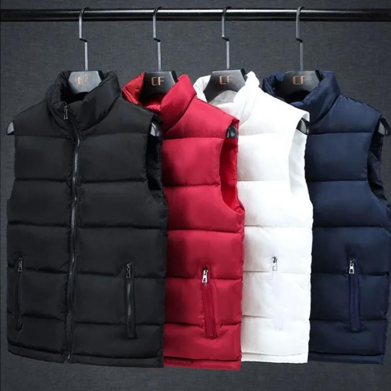 Autumn Winter Men Down Cotton Coats Vest Zipper Stand Collar Versatile Basic Solid Slim Warm Fashion Casual Sleeveless Jackets