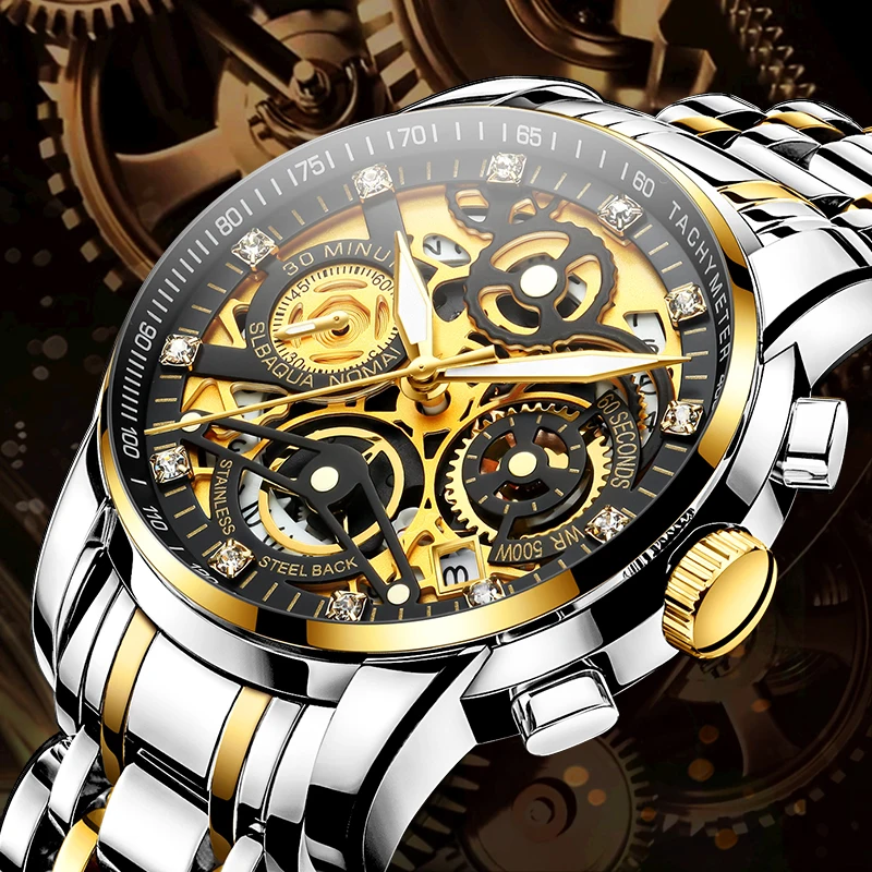 Fashion Hollow Quartz Watch Men's Luxury Stainless Steel Chronograph Male Golden Watches Luminous Clock relogio masculino hombre