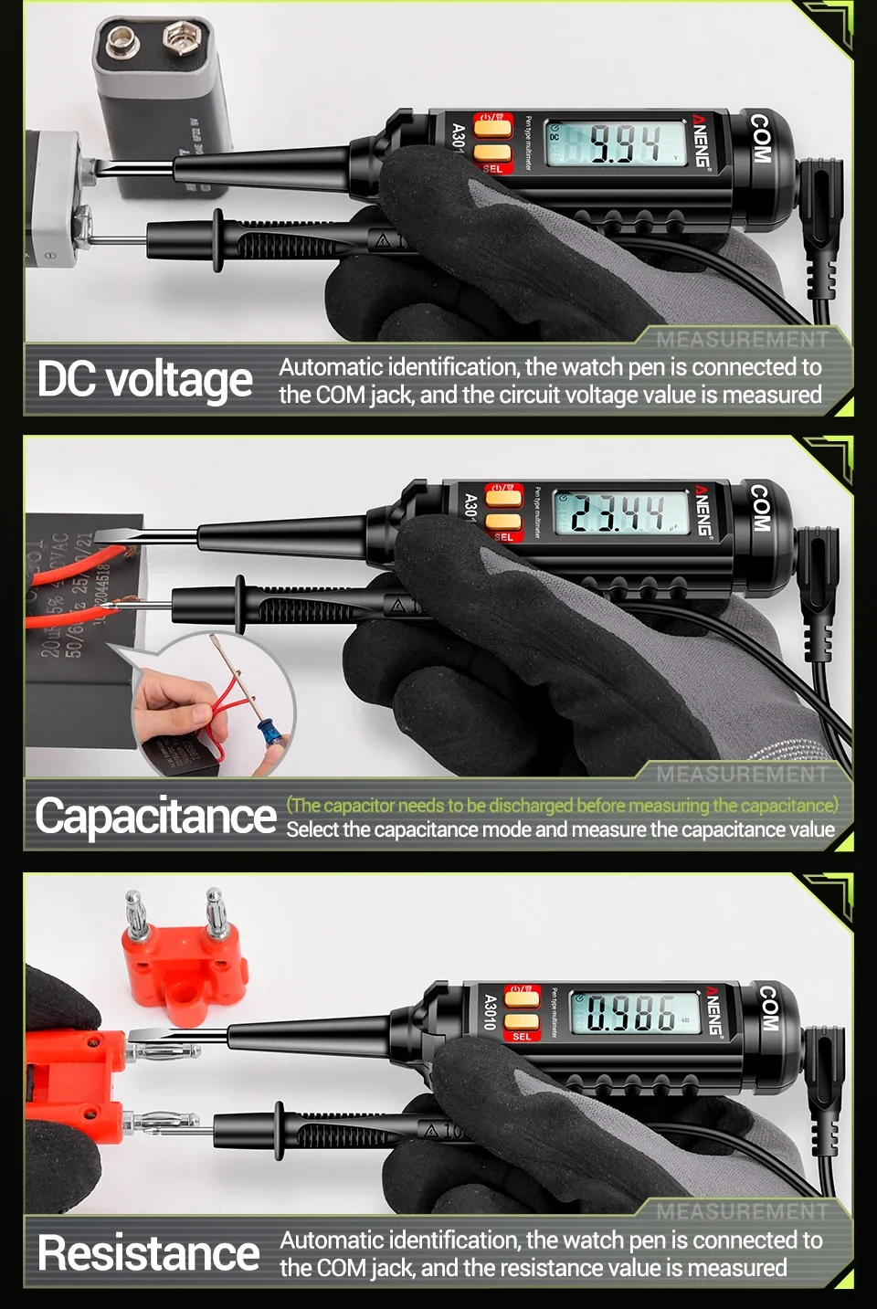 Digitales Multimeter Stiftform 4000 Anzeigen ANENG A3010 mit Hintergrundbeleuchtung, berührungsloser 600V AC Spannungs-NCV-Tester – Detail 13