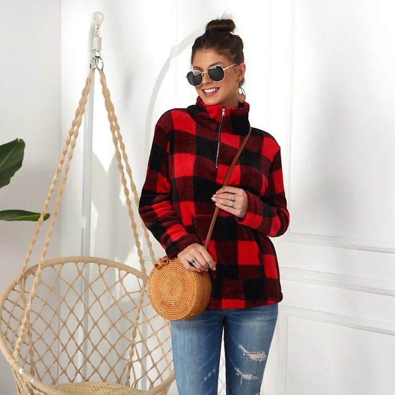 Big Checkerboard Pullover Sweatshirts Women Lapel Half Zip Up Loose Casual Pullovers with Big Pocket Long Sleeve Autumn Clothing