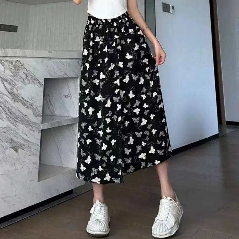 Vintage Tie Dye Wide Leg Pants Skirts Summer High Waist Elastic Female Ink Painting Stylish Asymmetrical Patchwork Cropped Pants