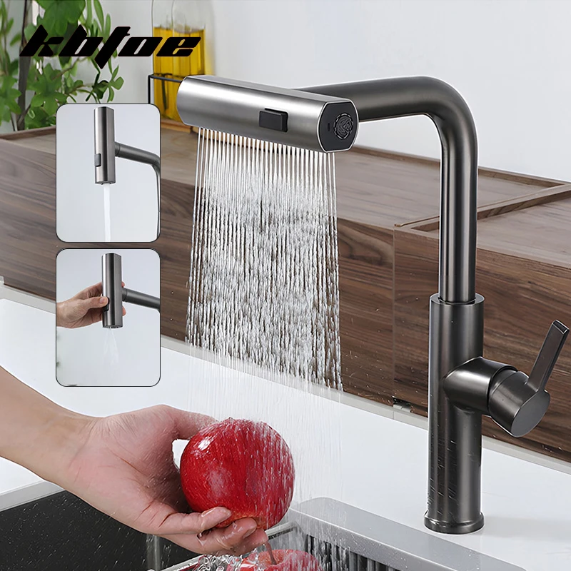 Kitchen Sink Faucet 3 Modes Pull Out Multifunction Waterfall Cold Hot Water Mixer Deck Mounted Rain Spray Tap Stainless Steel