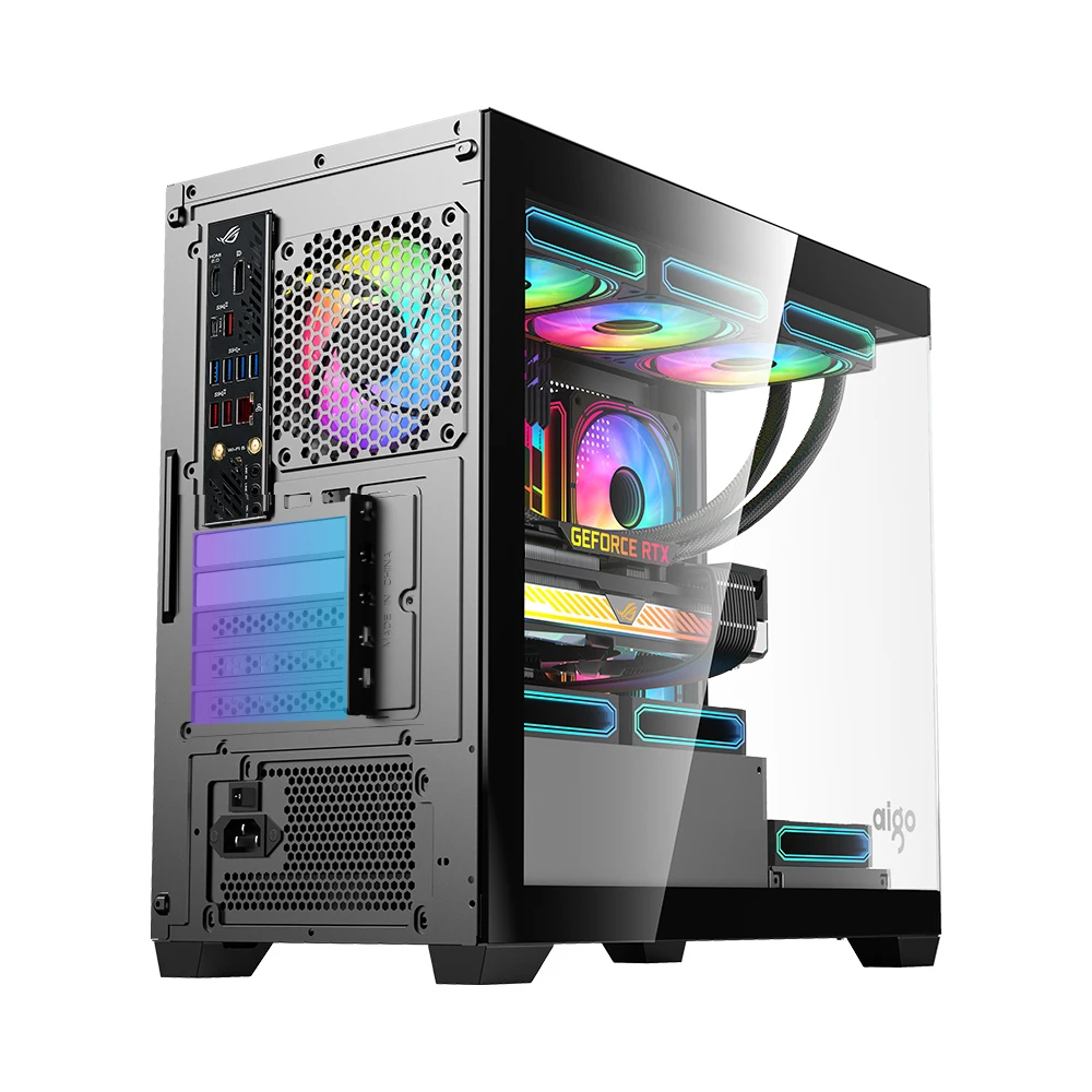 Aigo C218M PC Case Supports 360 Water Cooled M-ATX/ITX Chassis Sea View Room 270&deg;Full View Without Column Desktop Computer Case