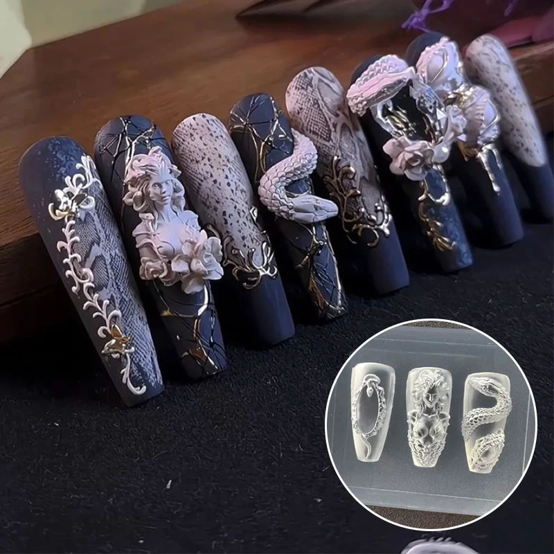 1PC 3D Relief Silicone Nail Mold - Beautiful Women Snake Pattern Manicure Template, DIY Nail Art Decoration Tools for Salon Home