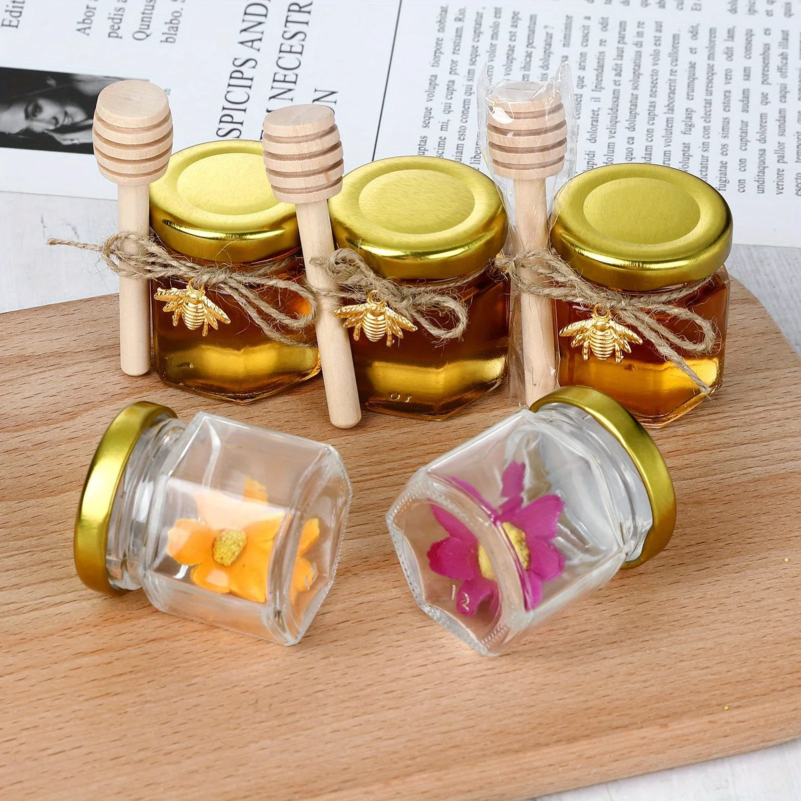 1.5 Oz Hexagon Mini Glass Honey Jars With Wood Dipper, Bee Pendants And Jutes, For Baby Shower, Wedding Favors, Party Favors 6