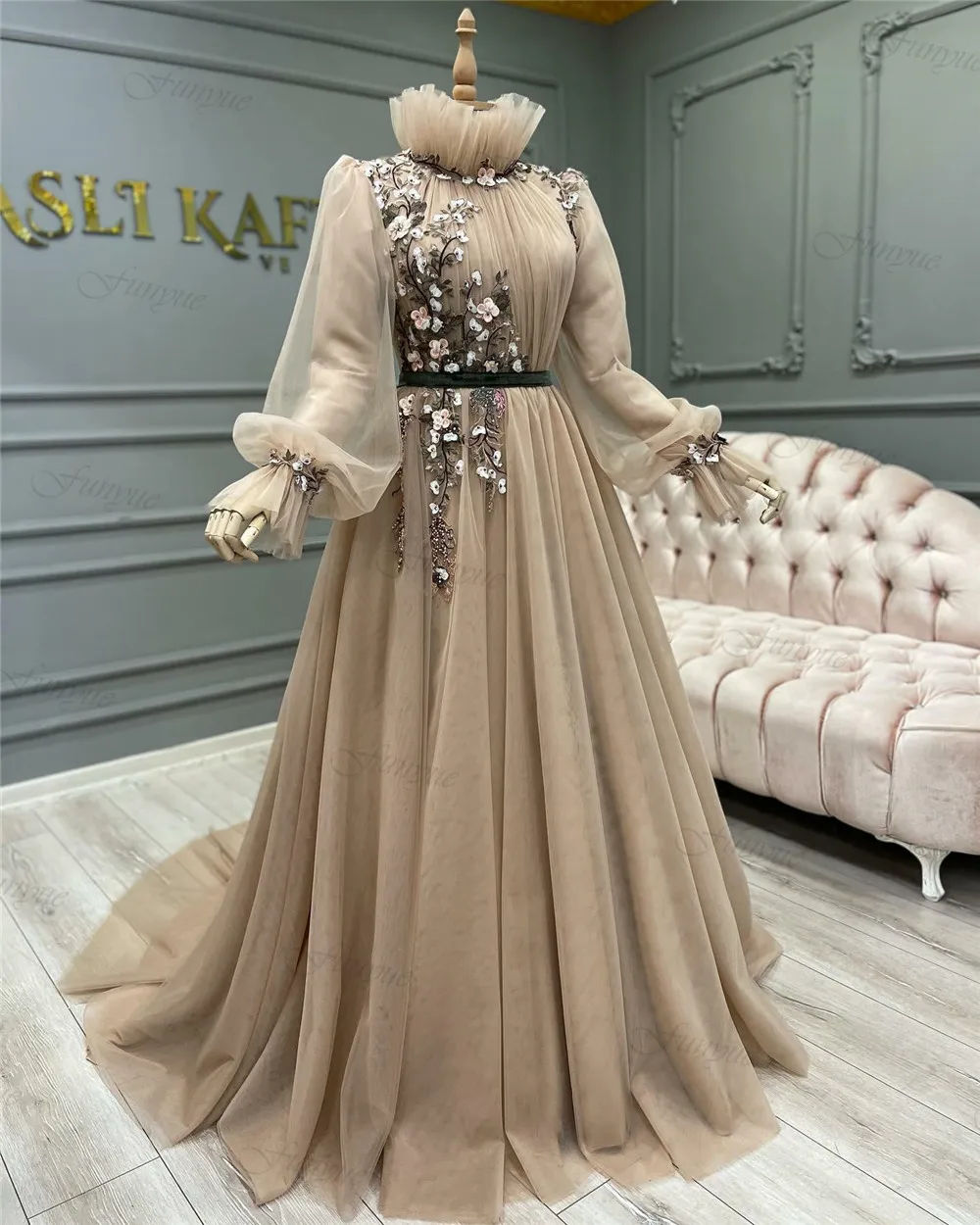 Champagne A-Line Muslim Prom Dresses Flowers Lace Long Sleeve Formal Party Dresses Women Evening Gowns Robe De Soirée De Mariage yellow prom dresses